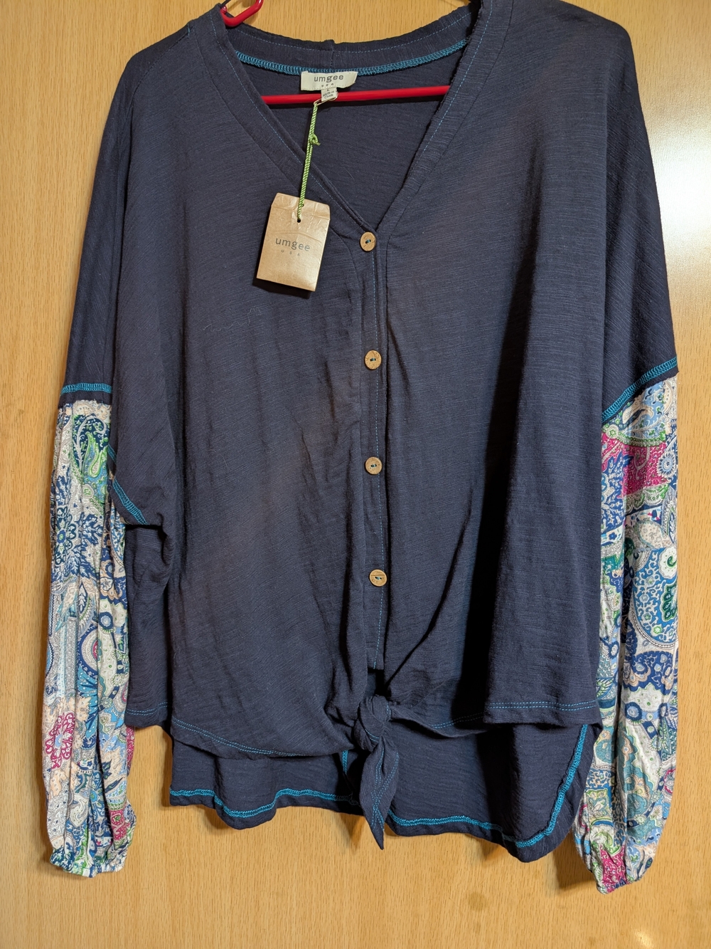 Umgee Navy Button-Front Top with Paisley Print Sleeve Panels